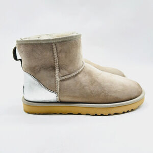 UGG Taupe Suede Short Shearling Boots with Metallic Silver Heel